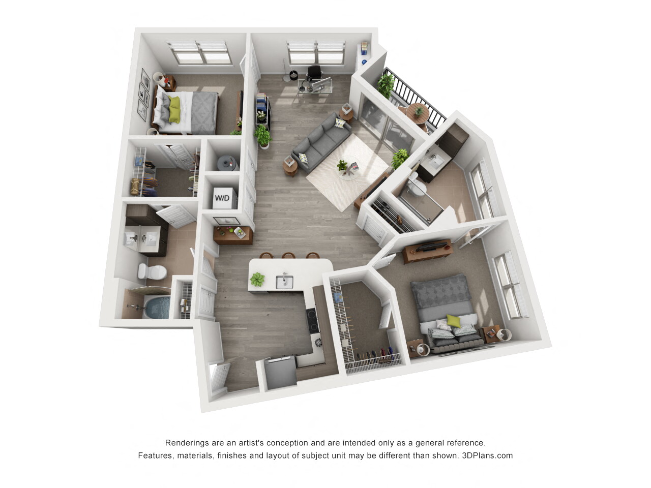 Floor plan for 2 beds, 2 baths, 1196 sqft